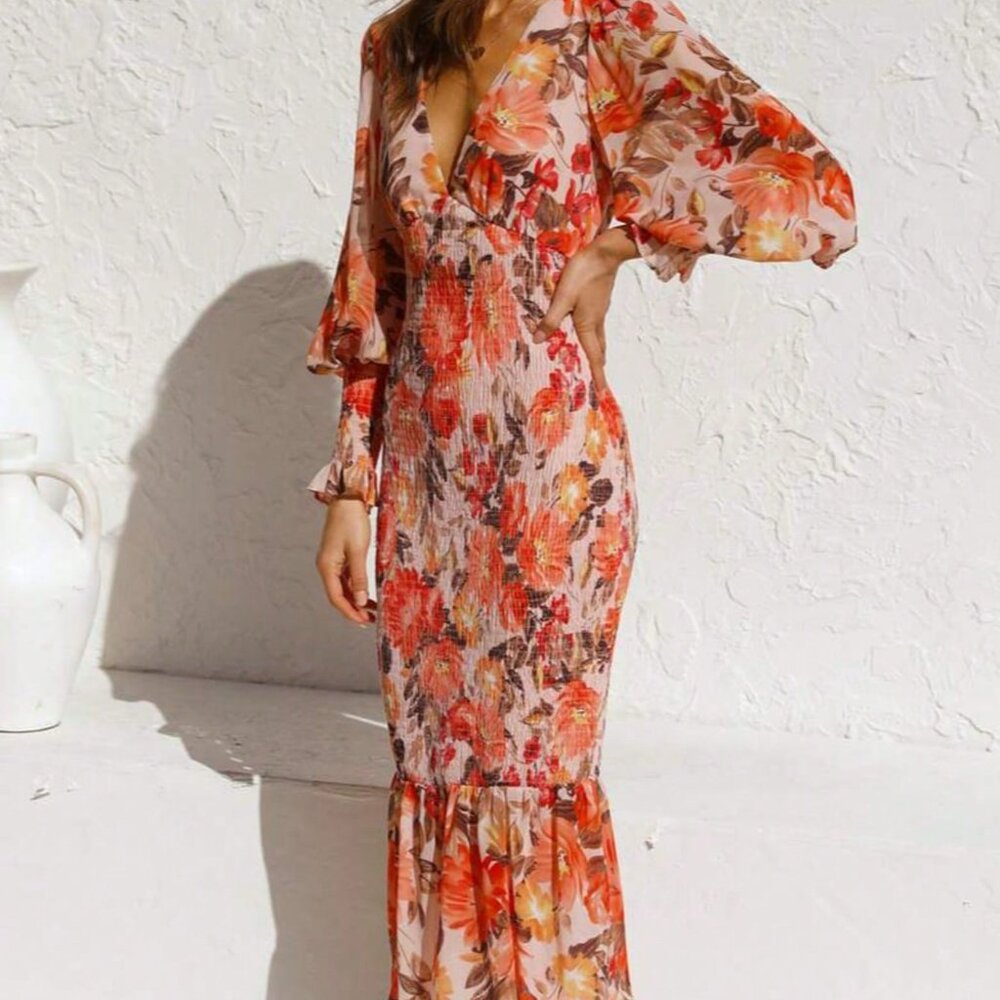 Orange Casual Women's V-Neck Puff Sleeve Floral Smocked Midi Dress - Picture 3 of 5